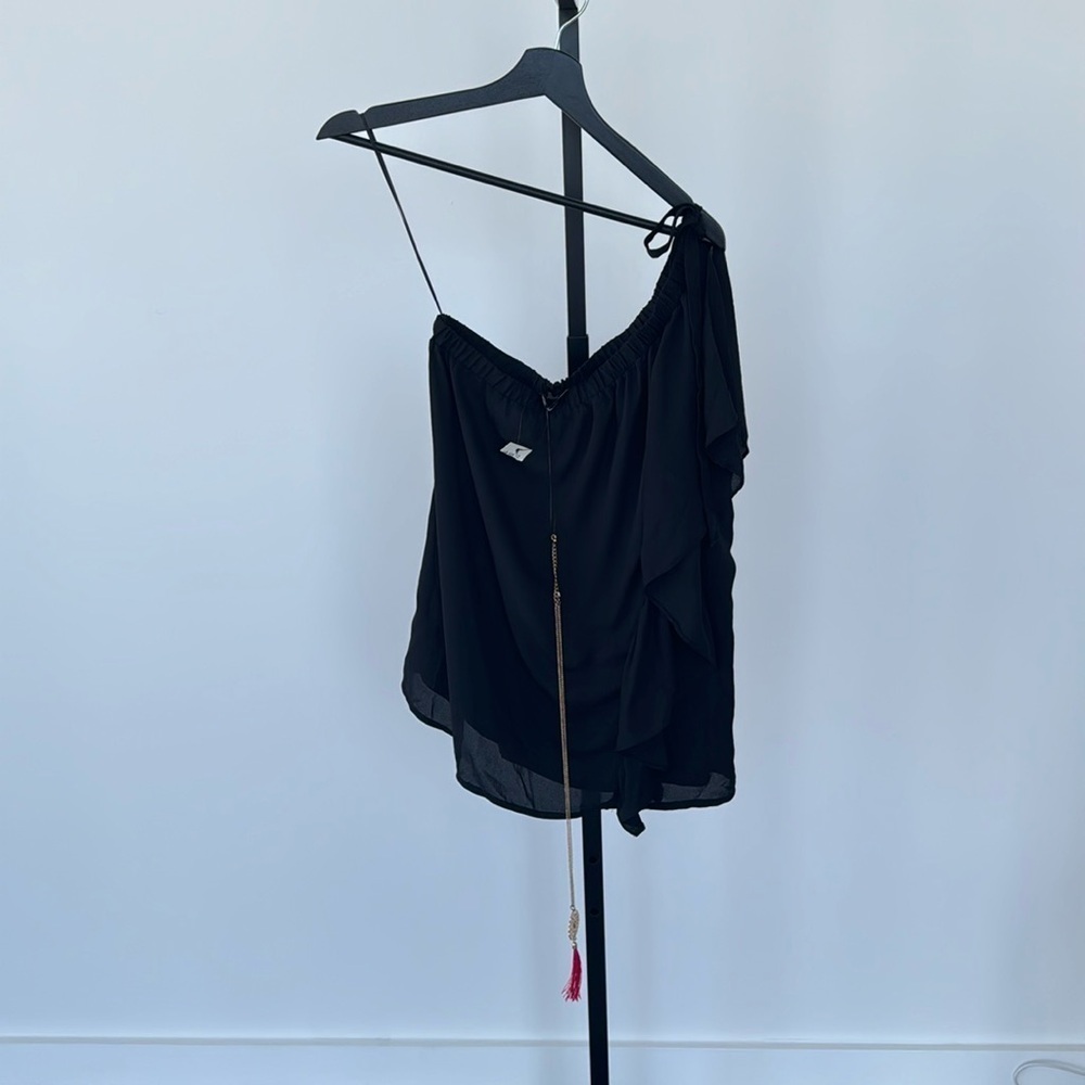 George Asymmetric Black Ruffle Sleeveless Top with Necklace Size 12